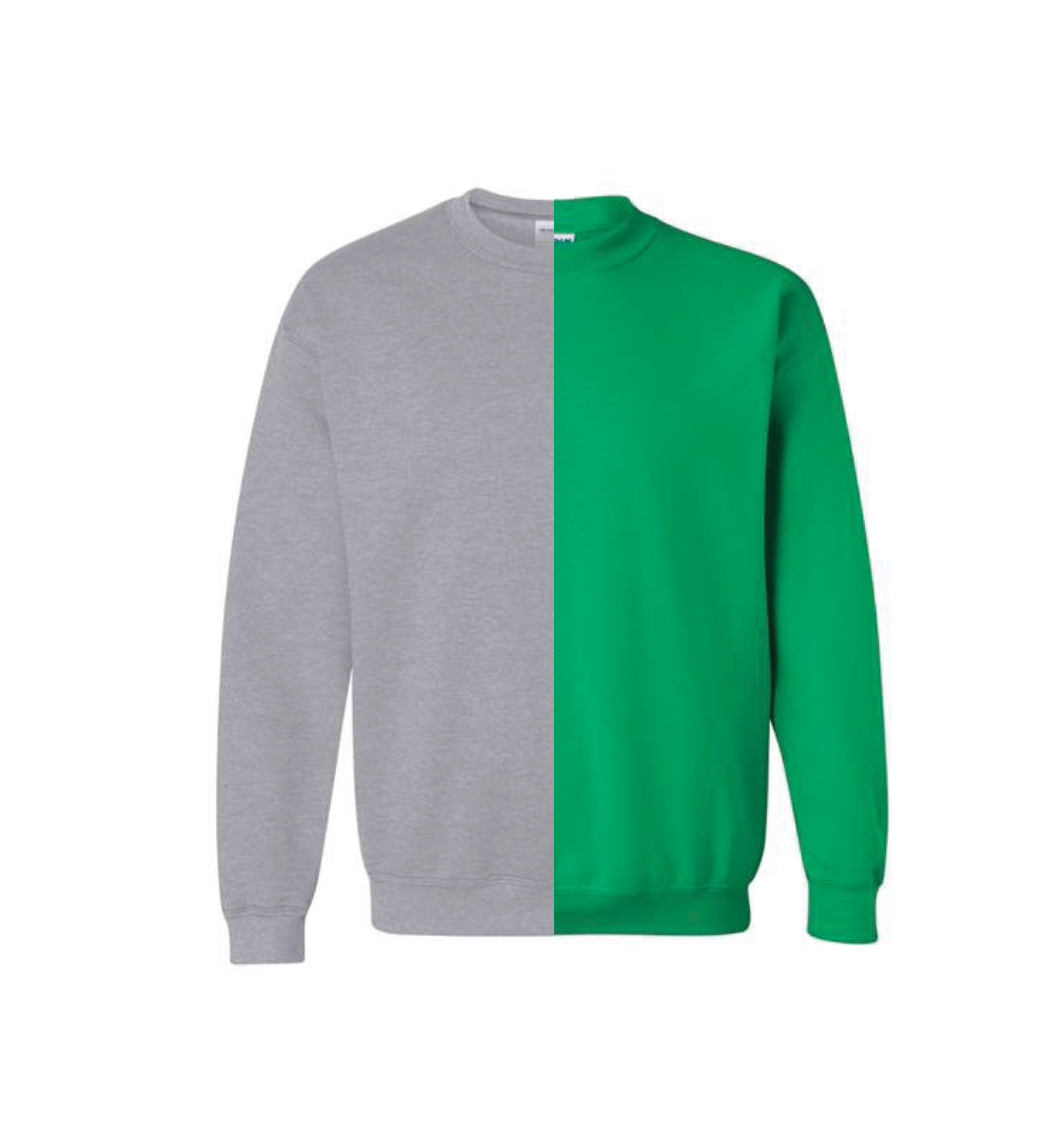 McKenzie’s Infinity LLC – wholesale Sweatshirt – Unisex – Grey & Green Split Colored, Two-Toned, Crewneck Sweatshirt0