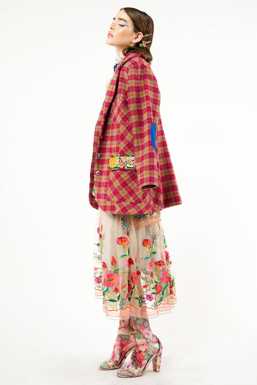 Blu Denim Camicia vintage con ricamo floreale di tulipani in vendita all'ingrosso su Faire38