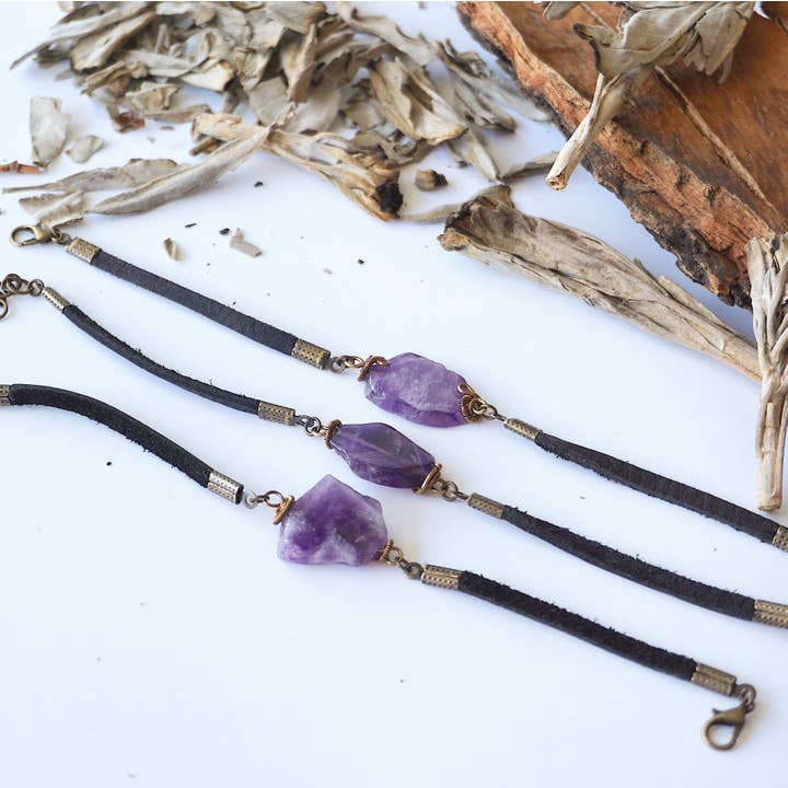 Raw Stone Elegance - Wholesale Charm/Dangle Bracelet - Amethyst Leather Bracelet, Adjustable, Holiday Gifts2