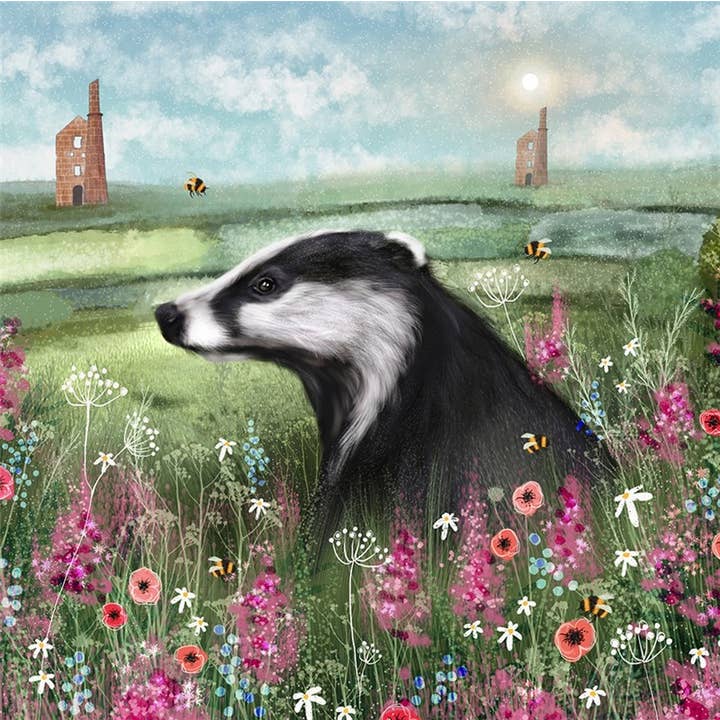 Carte de vœux Blaireau parmi les coquelicots pour la vente par Natural Partners Limited