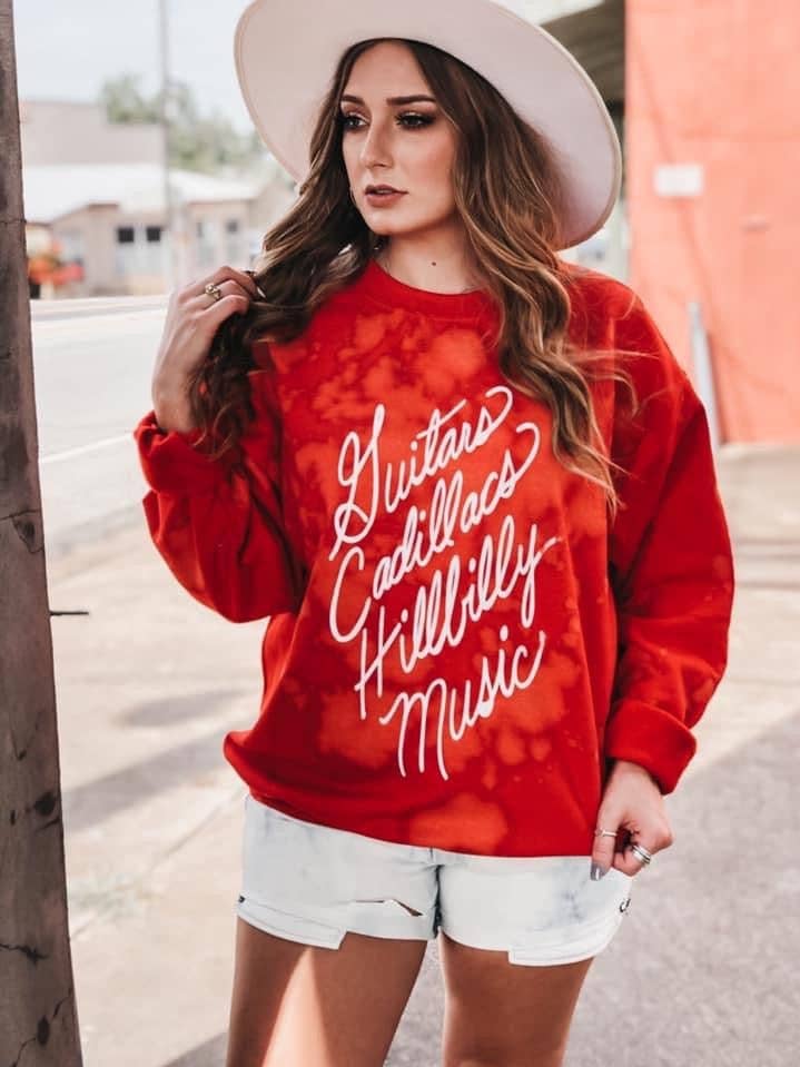 Guitars Cadillacs Bleached Red Sweatshirt for wholesale by Hank & Scoot