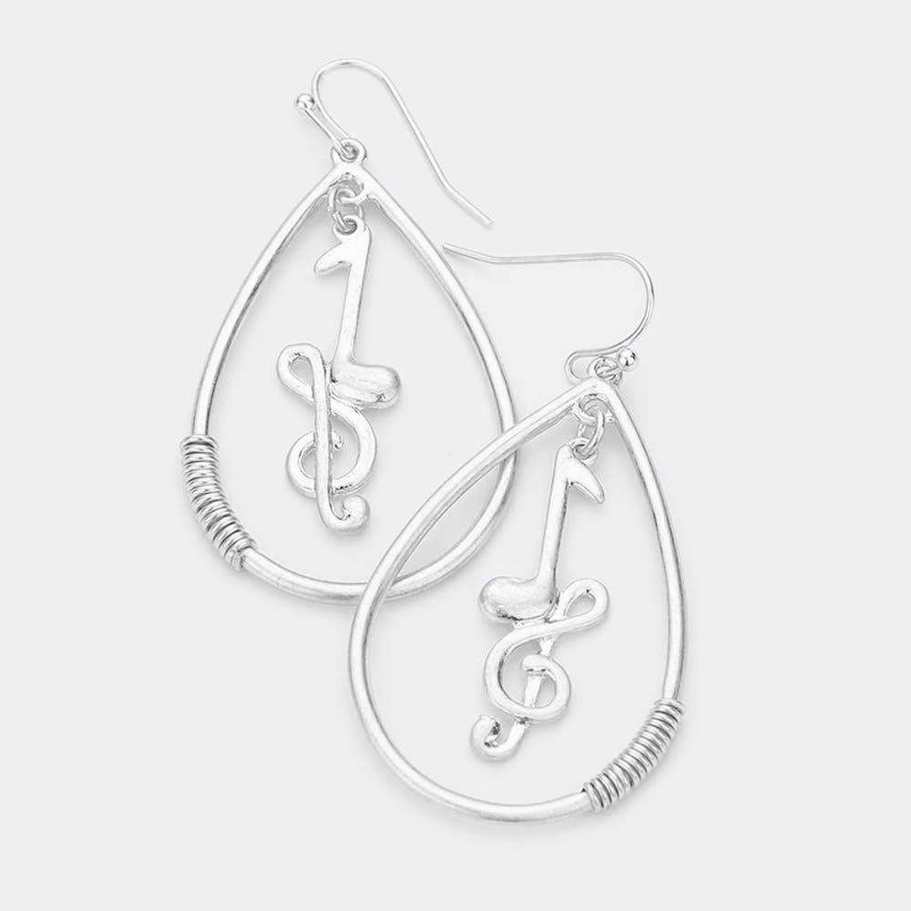 Sensibling Corp. - Wholesale Dangle Earrings - Music Nots Treble Clef Accented Open Metal Teardrop Dangle Earrings1