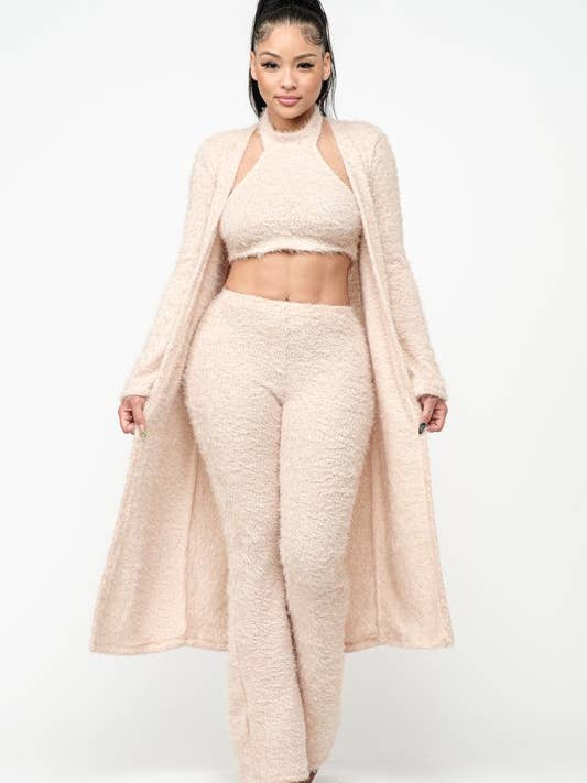 Ensemble trois pièces de gardigan long en tricot poilu Shaggie pour la vente par Belita Collection