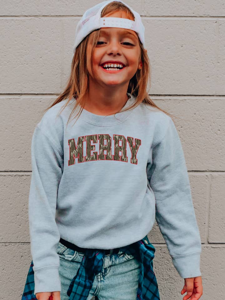 Merry & Camo Christmas Youth Graphic Sweatshirt for wholesale by Uncommon Label