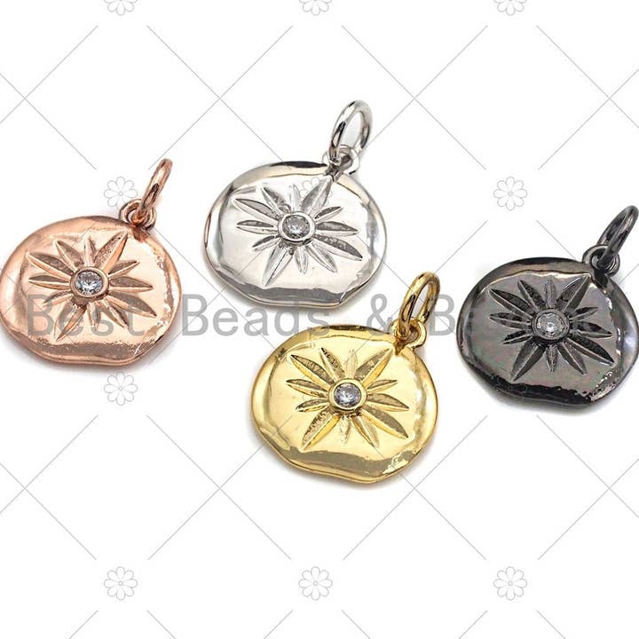 Klar CZ Micro bane Nordstjerne mønt vedhæng/charme, stjerne Cubic Zirconia vedhæng, sølv/guld/Rose guld/sort Tone, 13x14mm, Sku #F1169 for engroshandel hos BestBeads&Beyond