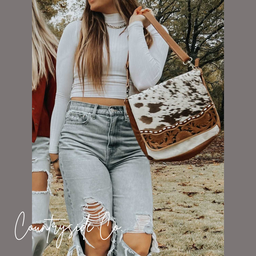 Texas Western Cowhide Bags and More - Wholesale Draagtas - Dames - Magedalen Gegraveerde Leren Koeienhuid Tas, Schoudertas1