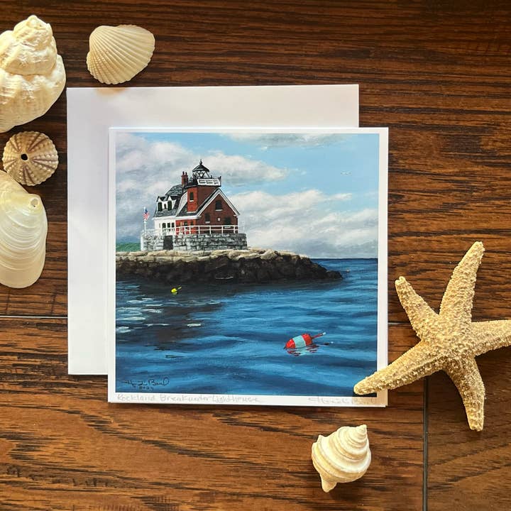 Rockland Breakwater Lighthouse blank greeting card Maine for wholesale by Maine Girl Art
