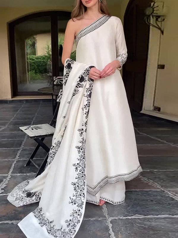 WHITE Contrast Color Flower Print Muslim One-Shoulder Midi Dresses&Pants&Shawl Suits for wholesale on Faire1