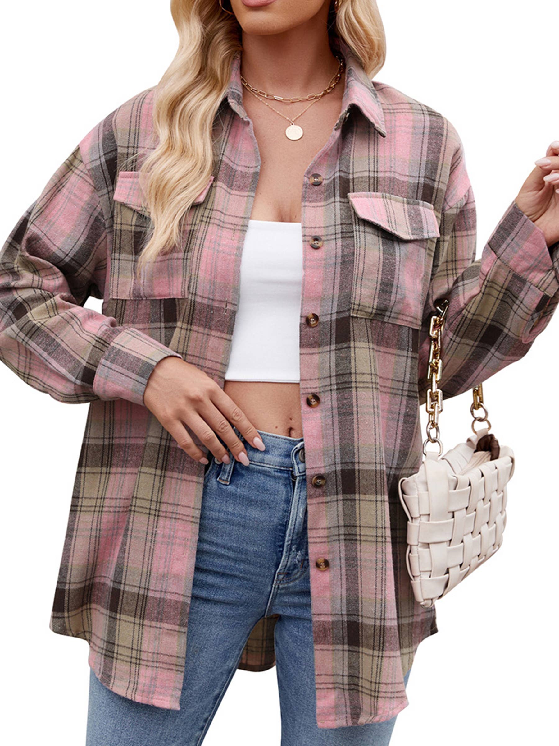 Wholesalesir - Wholesale Button Down Shirt - Women's - Fashionable Casual Loose Plaid Pocket Shirt4
