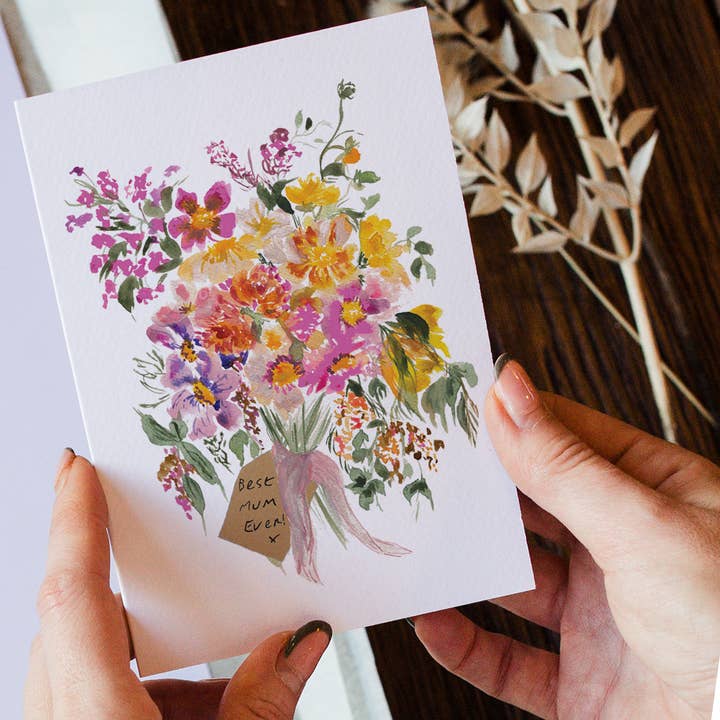 Best Mum Ever! wild pink bouquet with neon pink - A6 card for wholesale by Katie Dyer