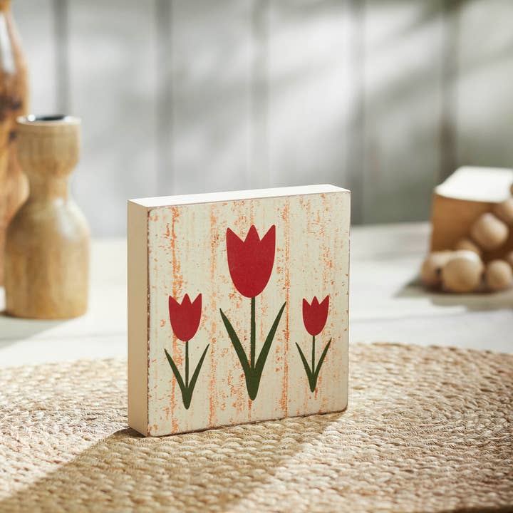 VHC Brands - Wholesale Sign - Spring In Bloom Red Tulips Distressed Antique White MDF Block Sign 5x5x1
