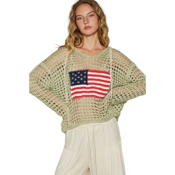 Apolline - Wholesale Knit Sweater - Women's - V Neck American Flag Hoodie Sweater Patriotic Cozy and Styli