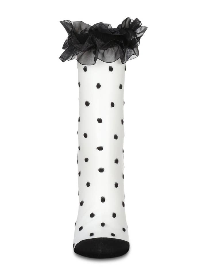 Black Women's Polka Dot Ruffly Lace Cuff Sheer Crew Sock for wholesale on Faire1