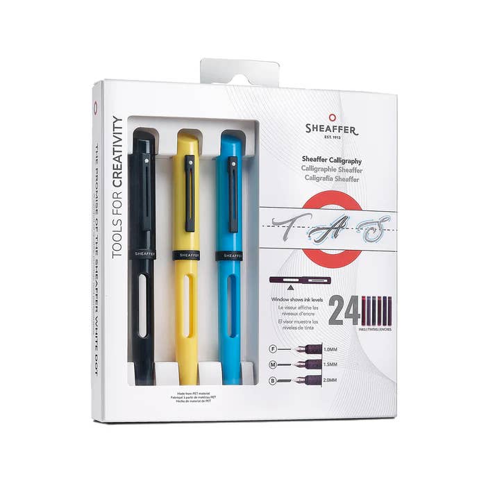 Sheaffer Pens - Wholesale Pen - Sheaffer® Calligraphy Glossy Black, Blue and Yellow Fountain pens Maxikit in Hangsell - F, M, B nibs