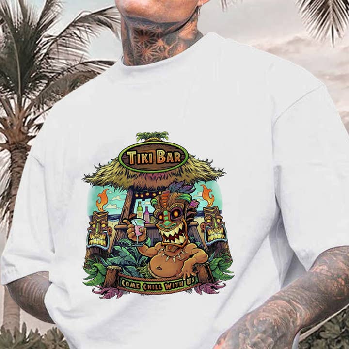 Tropical Vibes Tiki Bar Print Men's Loose Fit T-shirt for wholesale by novaxau