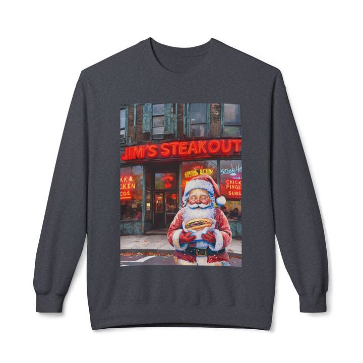 Buffalovely - Wholesale Graphic Sweatshirt - Unisex - Santa with a Hoagie at Jim's Steakout Unisex Cozy Crewneck Sweatshirt0