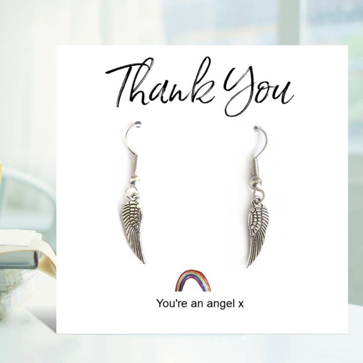 Angel Wing Earrings on Rainbow Thank You & Gift Card for wholesale by Aye Do Gifts