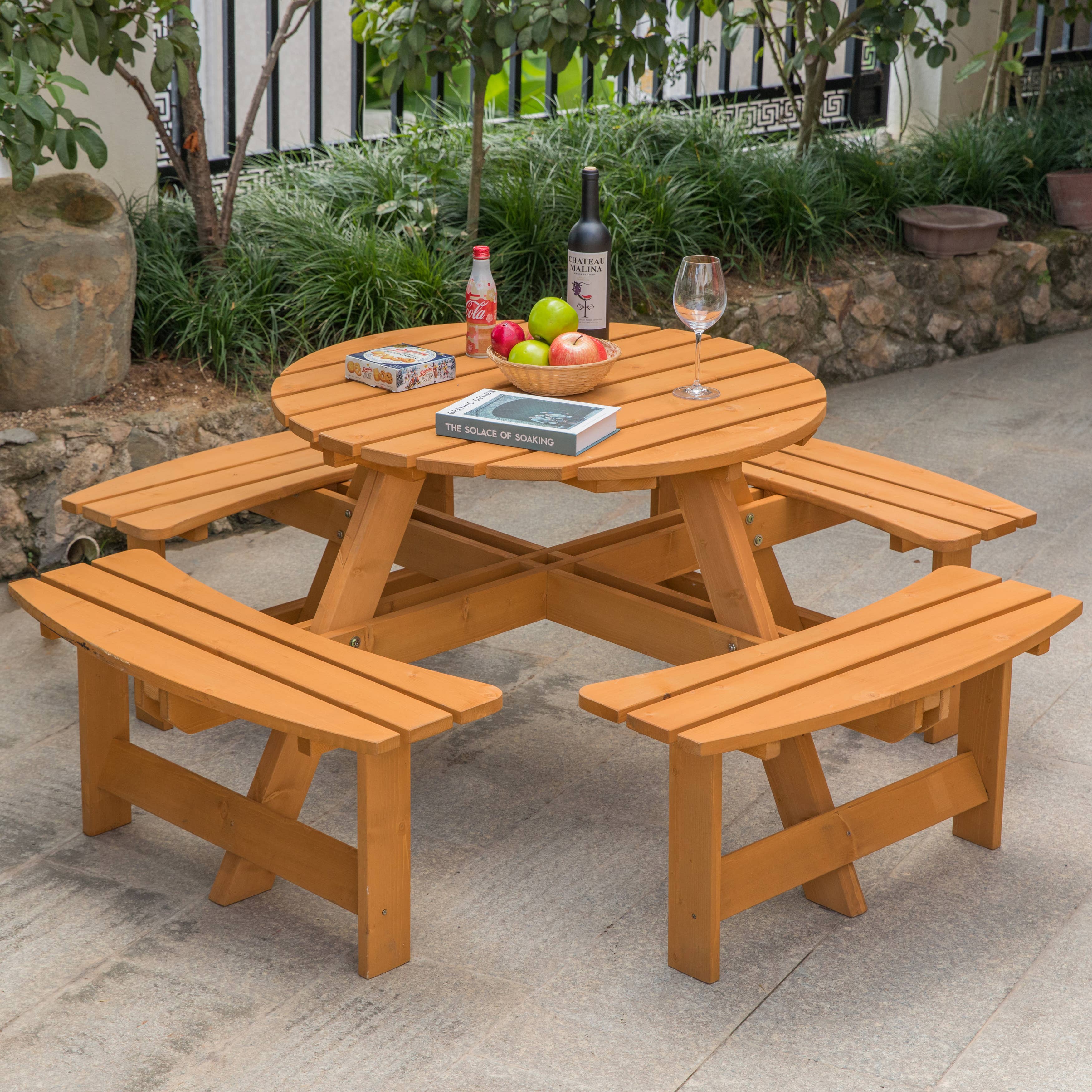 Quickway Imports - Wholesale Patio Table - Wooden Outdoor Patio Round Picnic Table with Bench, 8 Person1