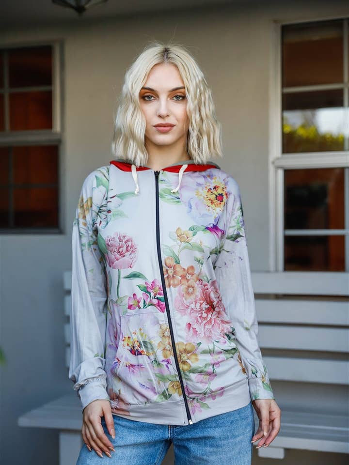 Grey Pink Flower Print Contrast Double Hood Sweater for wholesale by Bandanas Wholesale