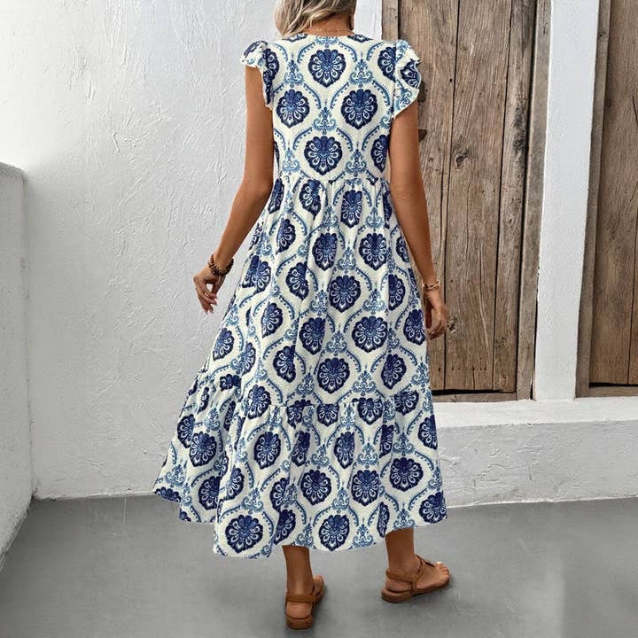 Blue Loose-Fit Deep V-Neck Floral Print Maxi Dress for wholesale on Faire