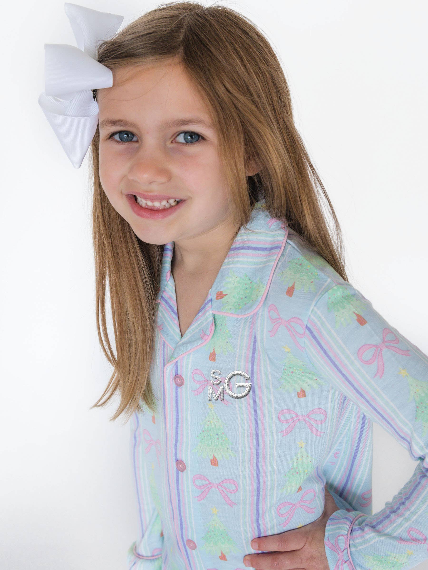 Blue SoftSnooze™ Girls Merry Bow Dreams Long Sleeve Button Up Ruffle Flare Pajama Set for wholesale on Faire1