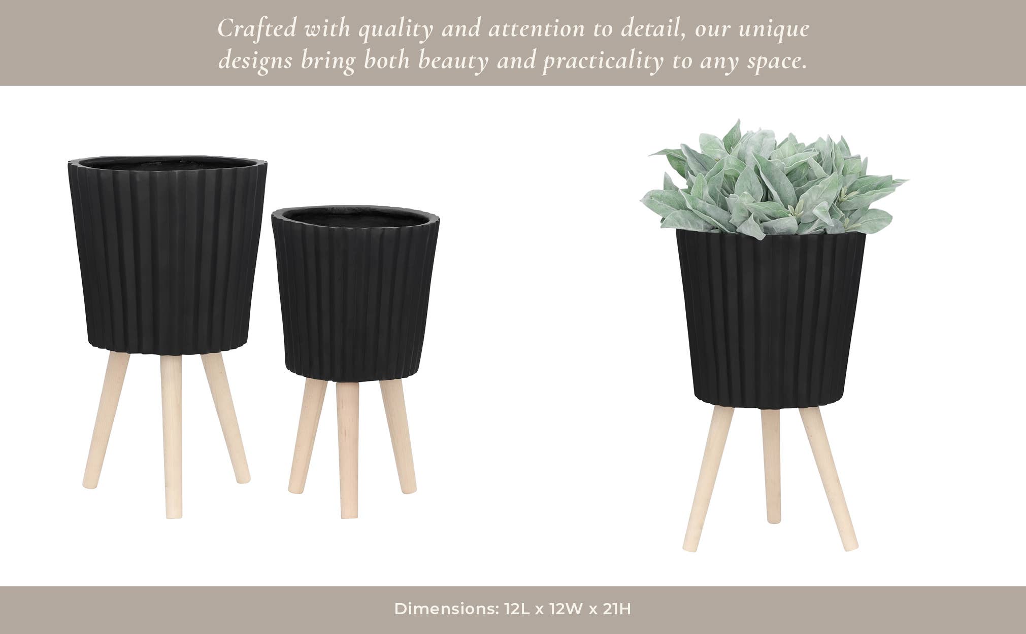 Sagebrook Home - Wholesale Plant Pot - Planters Set of 2 - Black Resin/Wood Legs Ridged, 10/12 in.11