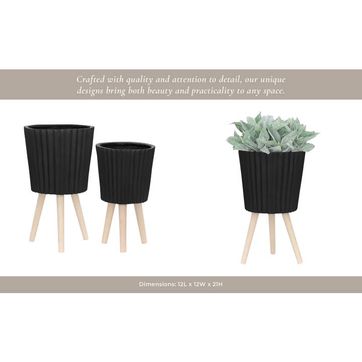 Sagebrook Home - Wholesale Plant Pot - Planters Set of 2 - Black Resin/Wood Legs Ridged, 10/12 in.11