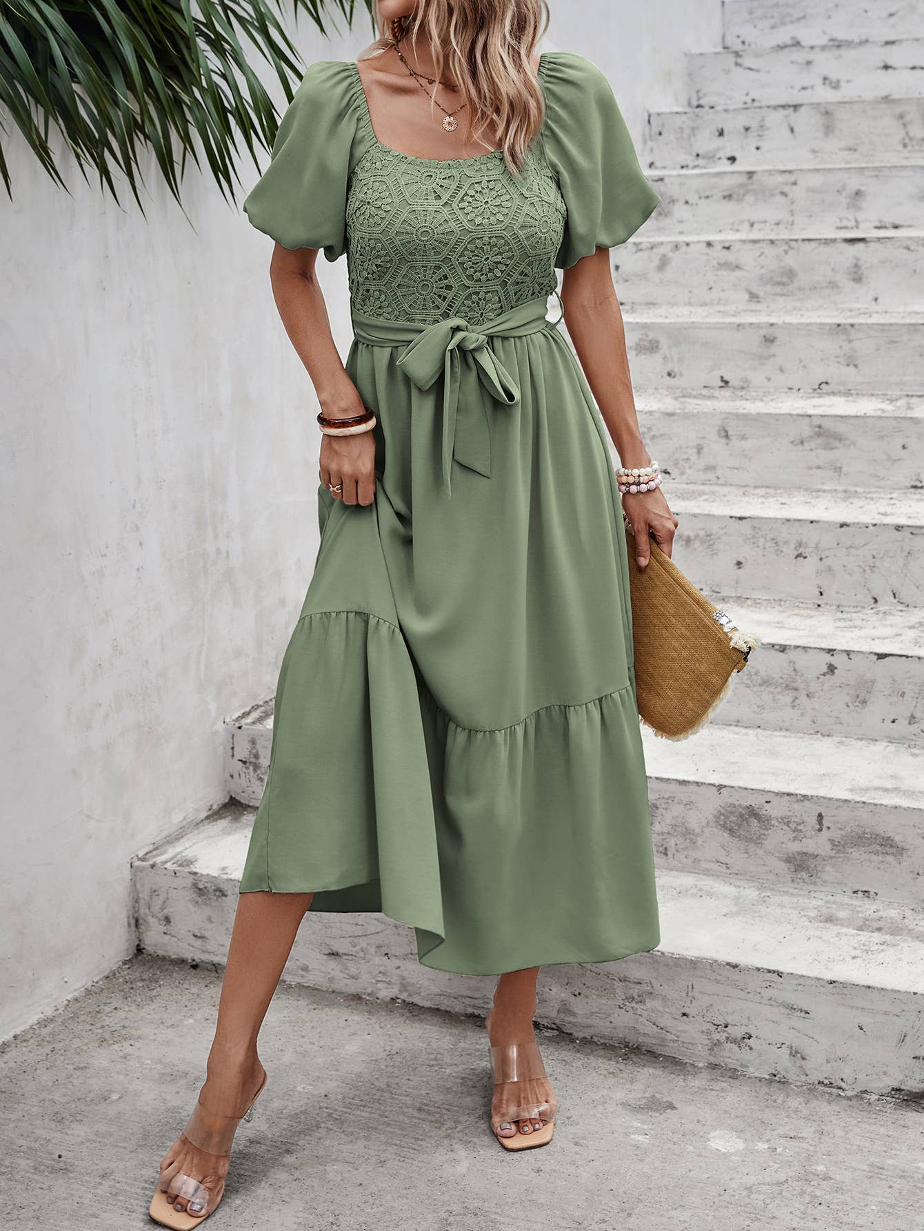 eLook - Wholesale Jurk - Dames - SZ1-DR1008 Midi-jurk met haakdetails en pofmouwen en riem22