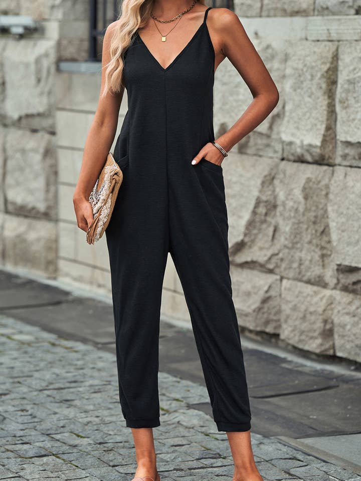 Textured Sleeveless V-Neck Pocketed Casual Jumpsuit for wholesale by LiveFashionWay