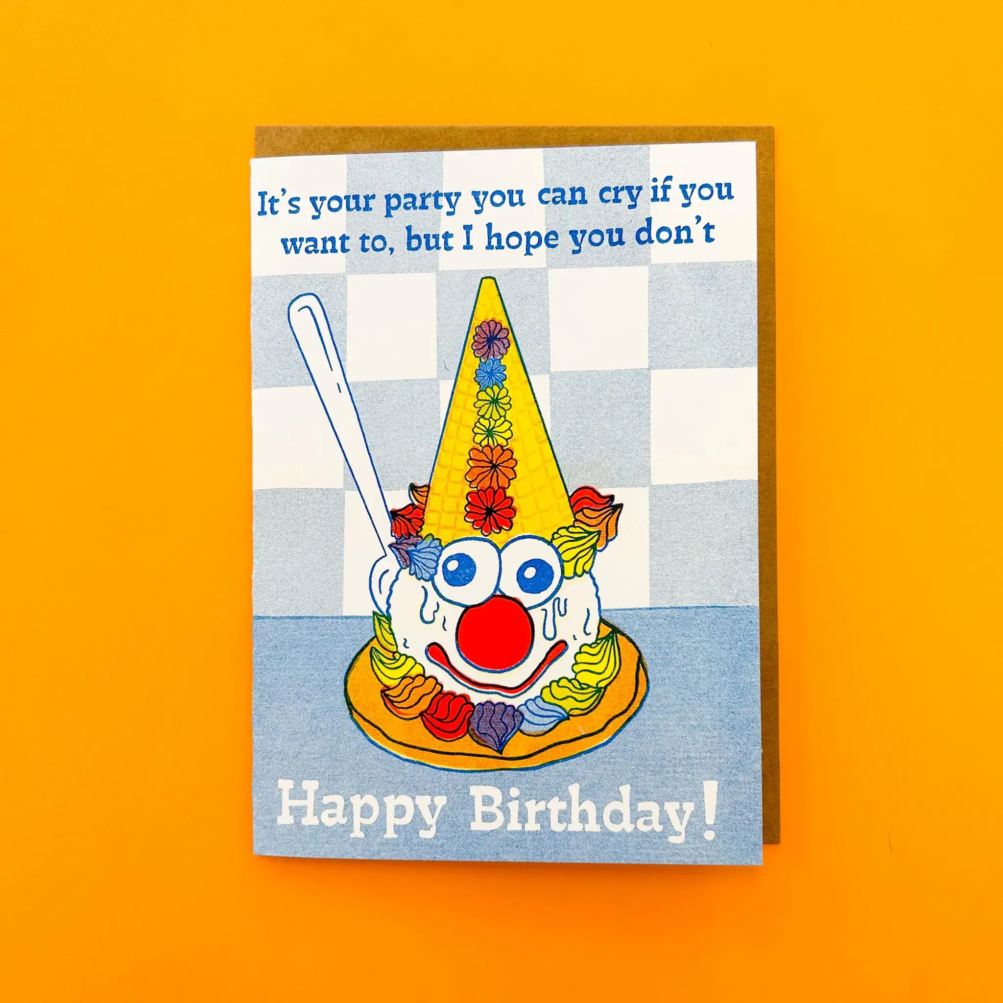 Foolish Designs - Wholesale Birthday Card - Crying Clown Cone Celebration Risograph Greeting Card1