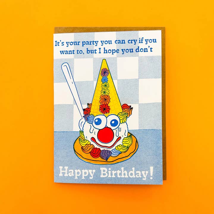 Foolish Designs - Wholesale Birthday Card - Crying Clown Cone Celebration Risograph Greeting Card1