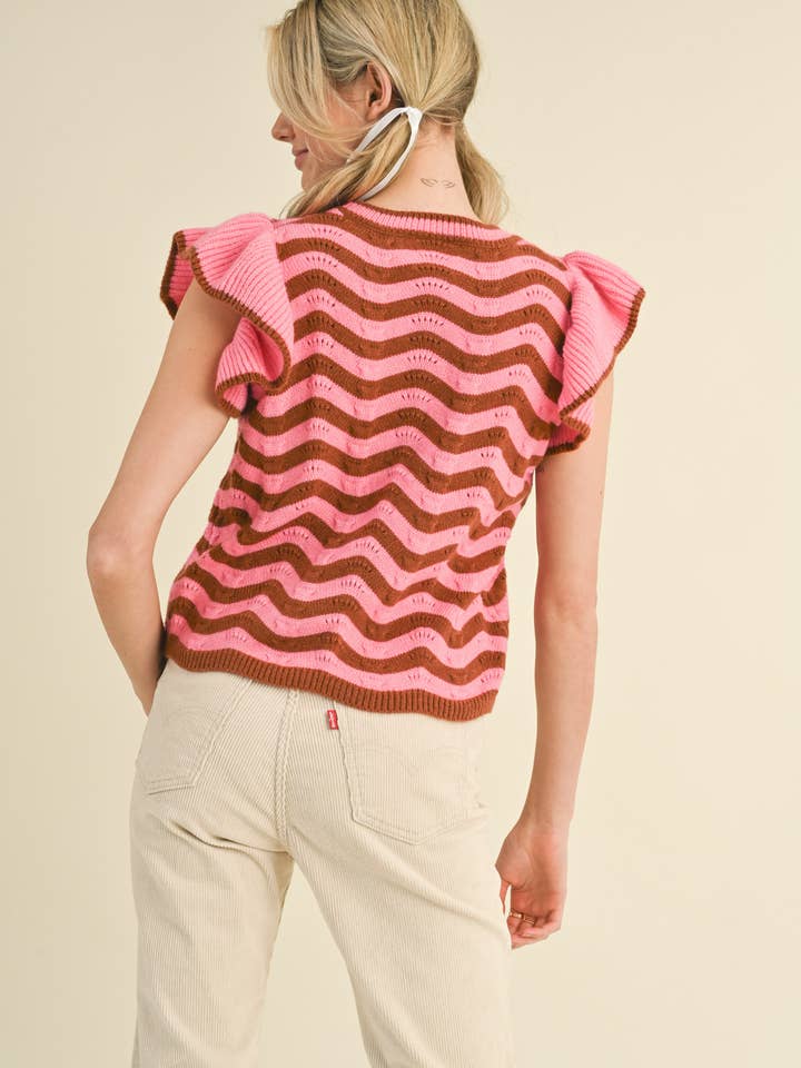 &MERCI - Wholesale Knit Sweater - Women's - WAVY STRIPES FLUTTER SLEEVE SWEATER TOP MSW1050930