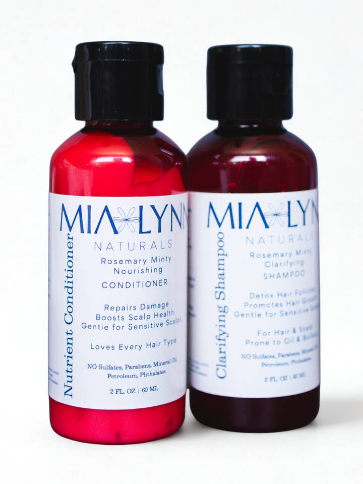 Travel Size Rosemary Minty Shampoo and Conditioner for wholesale by Mia Lynn Naturals