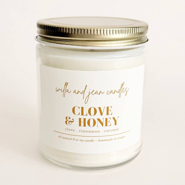 Chiodi di garofano e miele 8 oz per la vendita all'ingrosso da parte di Willa and Jean Candles