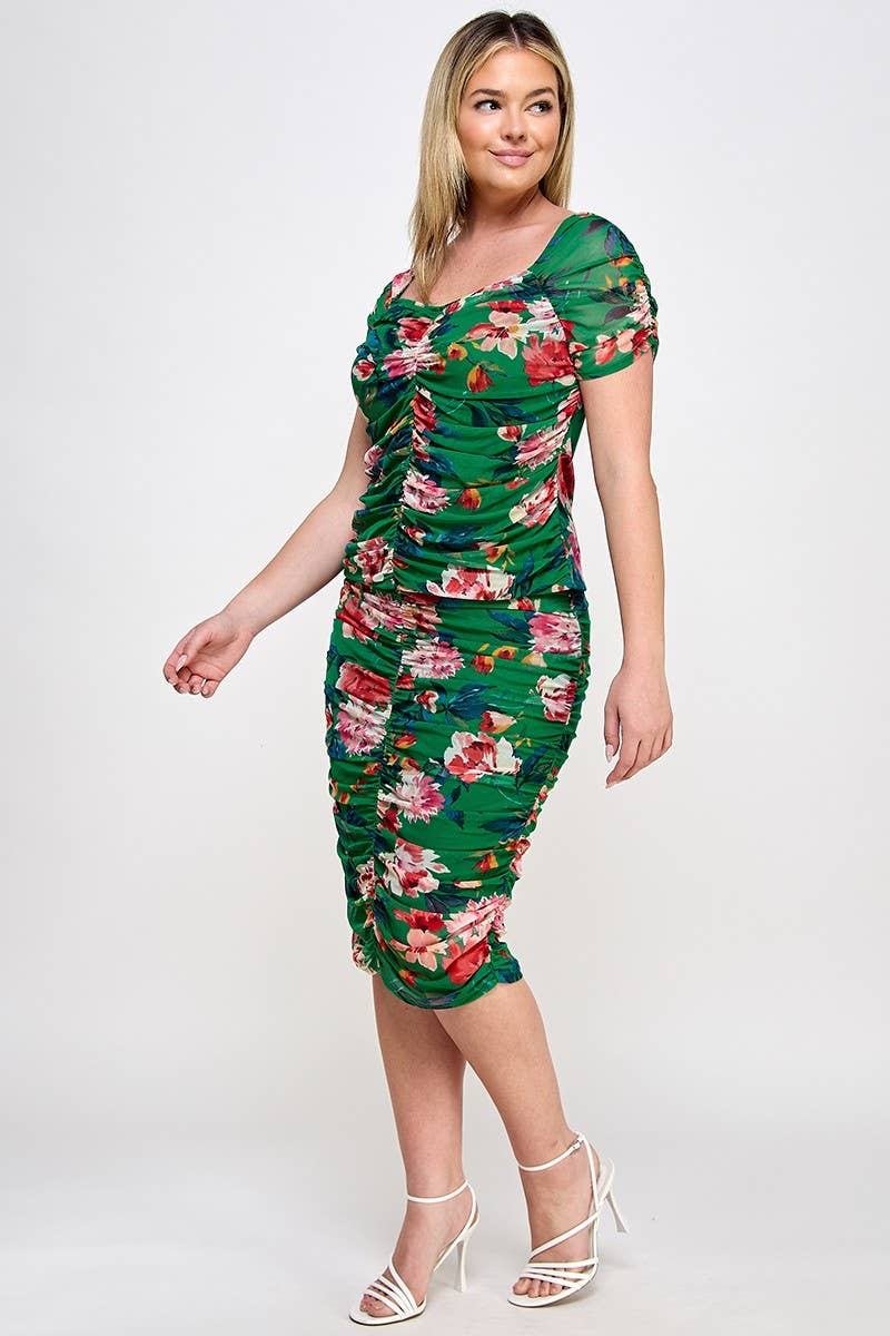 Haute Fox Plus Size & Contemporary - Wholesale Blouse - Women's - Plus Size Mesh Floral Print Ruched Top - WG18420-T7