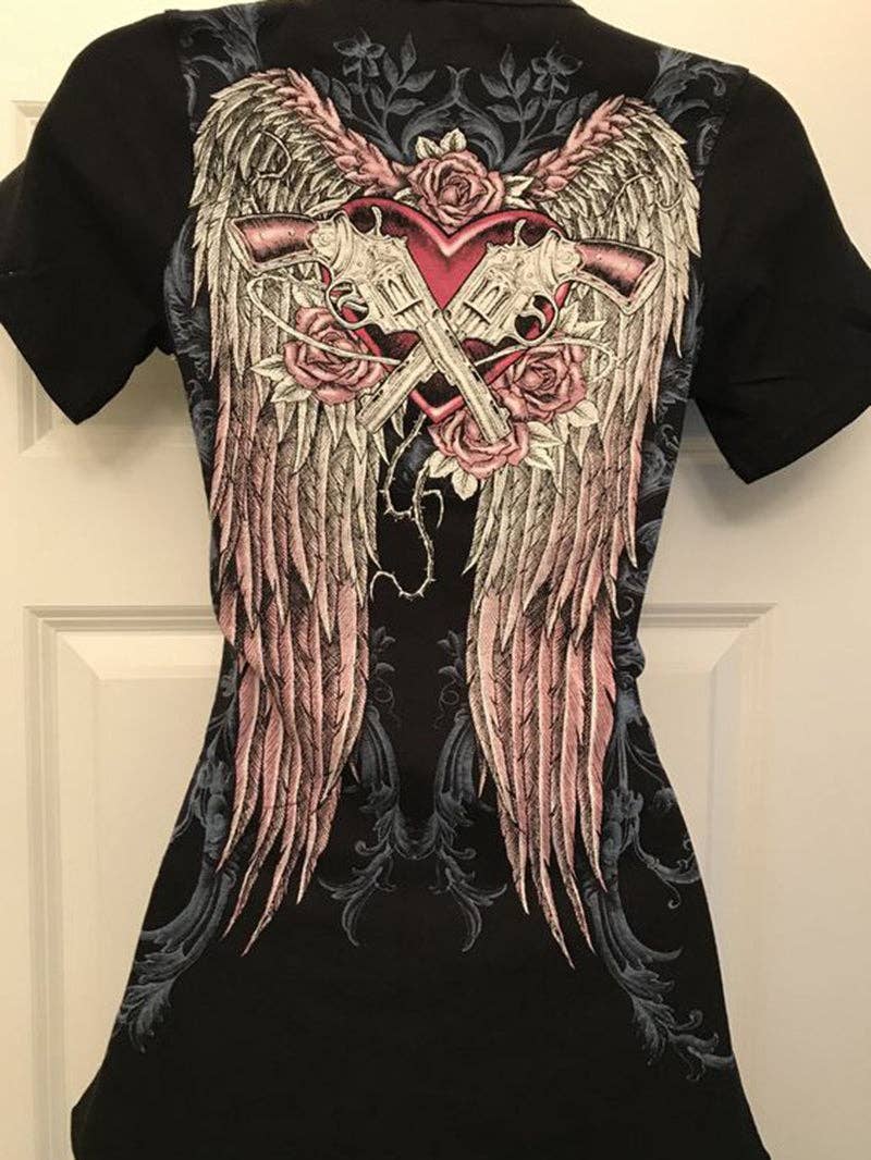 Nero T-shirt a maniche corte punk stampata con ali con scollo a V in vendita all'ingrosso su Faire1