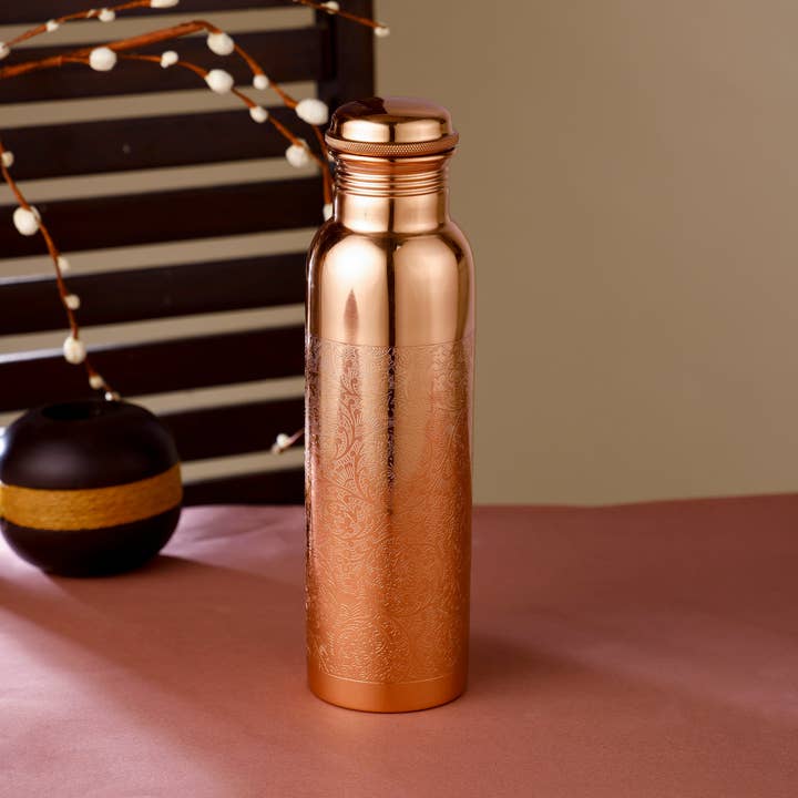 Peak Life - Wholesale Water Bottle - Floral Etching Glossy Combo Copper Vessel