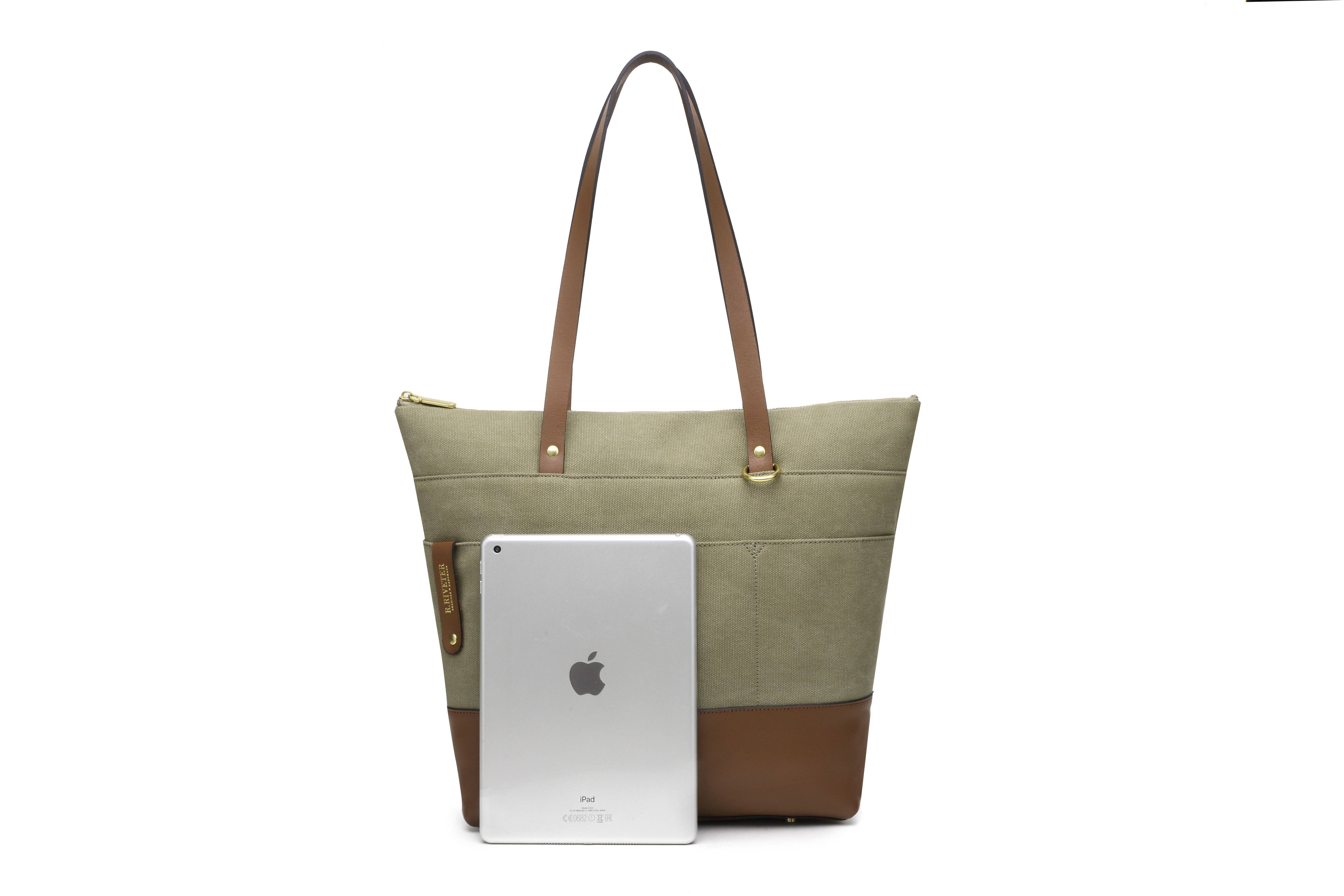 R.Riveter - Wholesale Tote Bag - Women's - Harriet Tote Bag | Fatigue Washed Canvas + Brown Leather2
