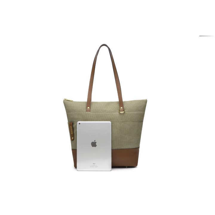 R.Riveter - Wholesale Tote Bag - Women's - Harriet Tote Bag | Fatigue Washed Canvas + Brown Leather2