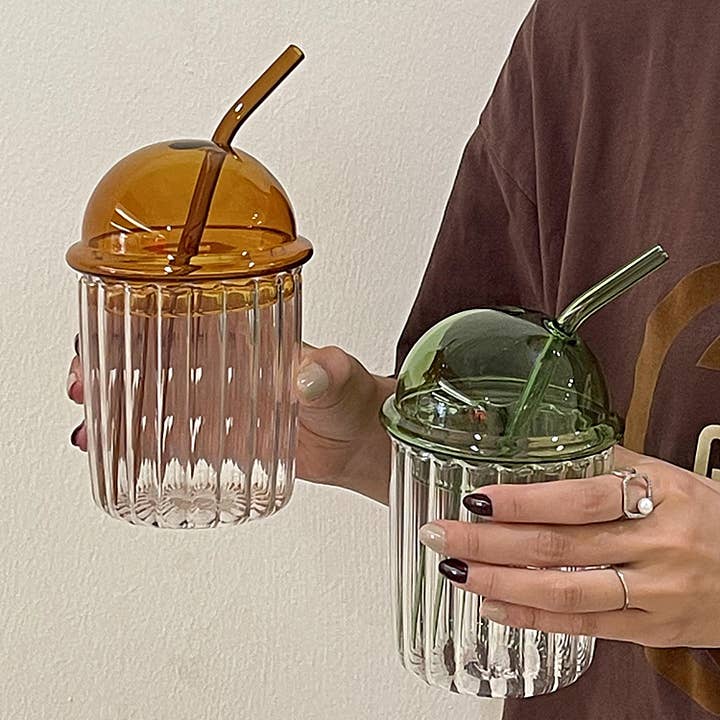 Our Dining Table - Wholesale Drinking Glass/Cup - Domed Colorful Glass Coffee Cup with Lid and straw