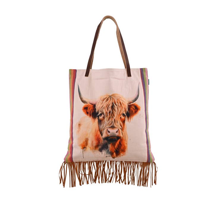 Karma Living - Wholesale Tote Bag - Women's - ABTB24115_BRNT HIGHLAND COW TOTE BAG 14x162