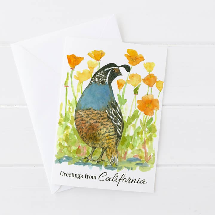 Grußkarte aus Kalifornien, Vogelblume, Wachtel, Mohnblume für den Großhandel von Rugosa & Pine