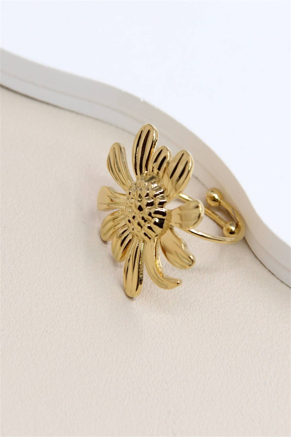 golden Adjustable Sunflower Flower Ring in Stainless Steel for wholesale on Faire0