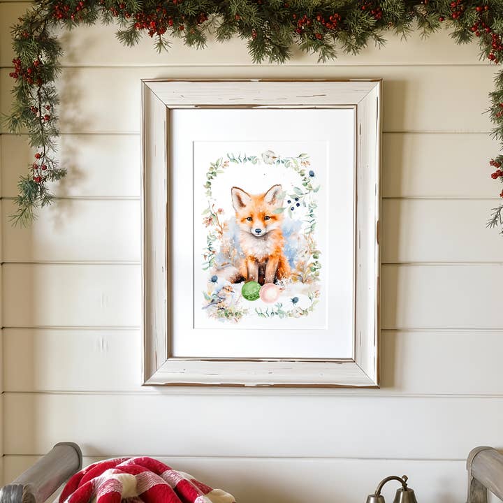 Winter Fox Watercolor Christmas Art Print for wholesale by Designs by Michaela