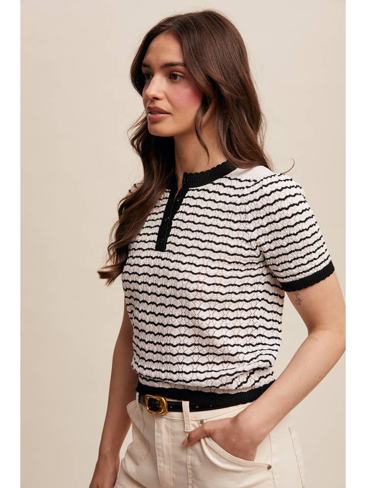 Listicle - Wholesale Knit Sweater - Women's - Striped Lace Light Weight Knit Sweater Top