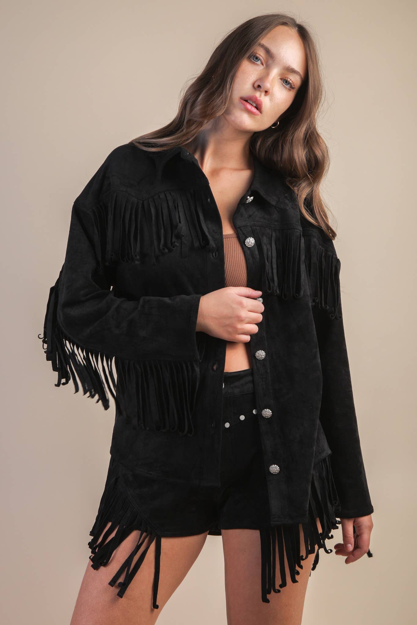 VERY J - Wholesale Jacket - Women's - NJ90387-Suede Fring Detail Western Jacket Shacket0