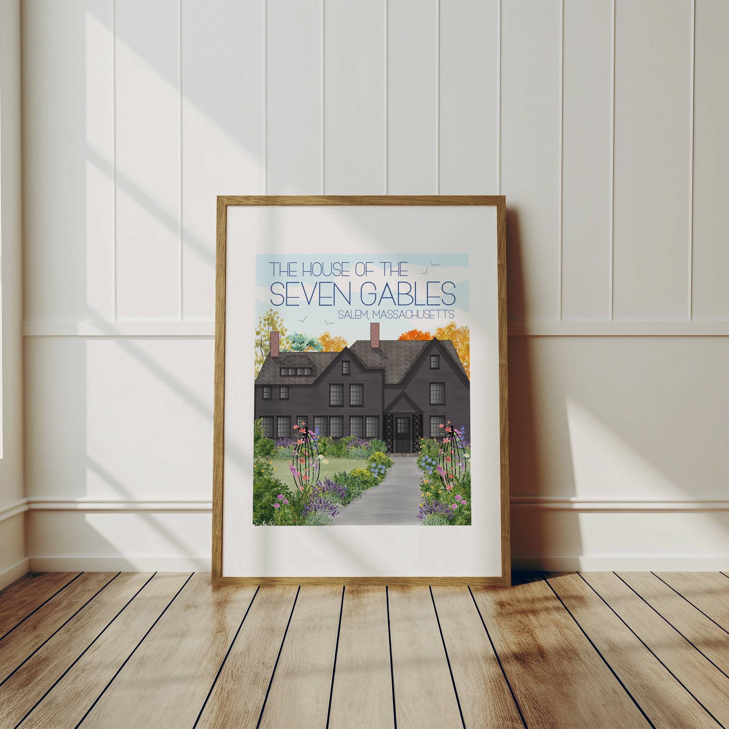 Fox Burrow Designs - Vente Affiche d'art - Impression d'art de voyage du Massachusetts - La maison des sept pignons1