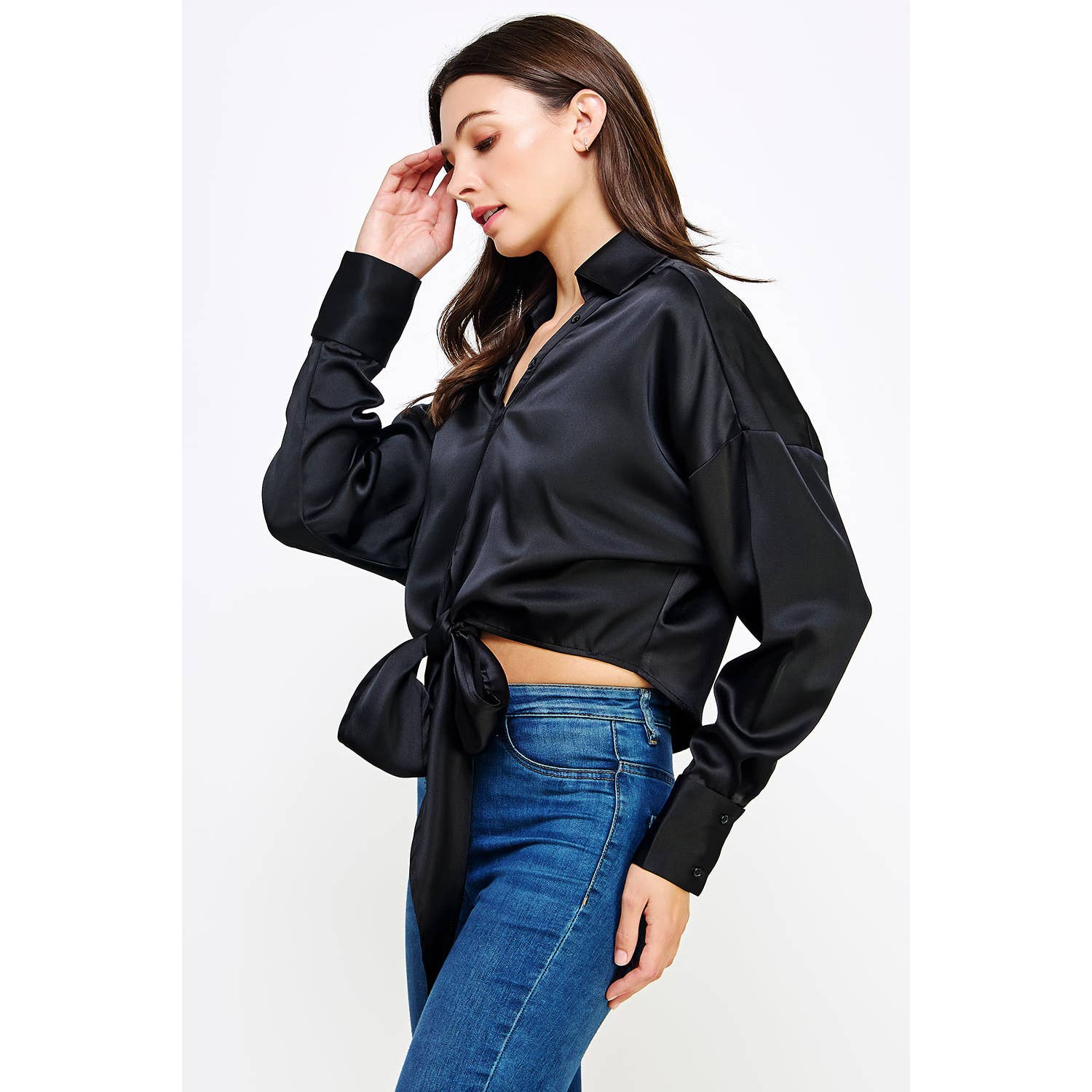 Strut & Bolt - Wholesale Button Down Shirt - Women's - Button Down Waist Tie Satin Shirt Top1