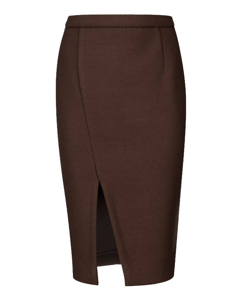 Saia lápis marrom chocolate em tecido estilo mouflon falso por atacado de conquista