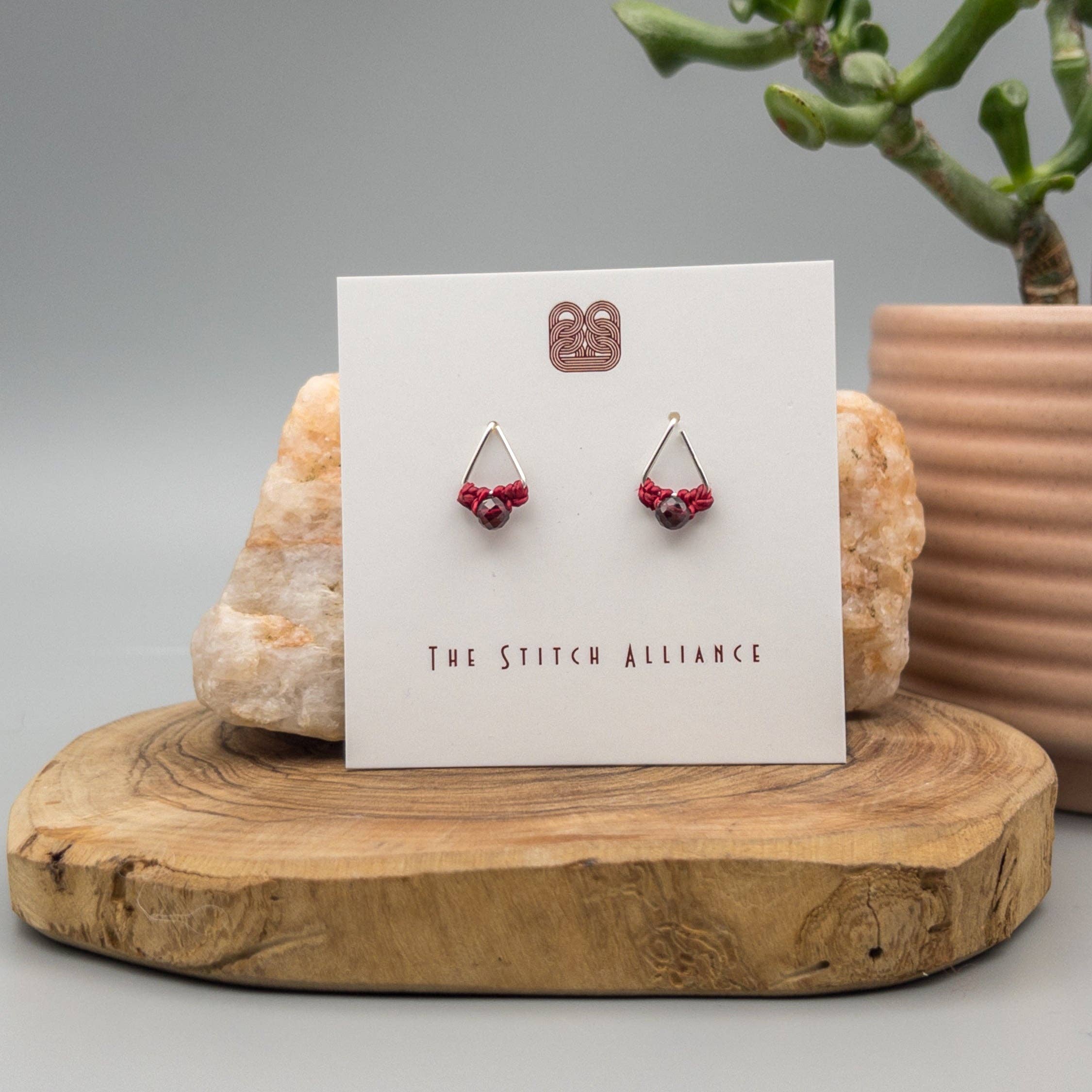 The Stitch Alliance - Wholesale Stud/Post Earrings - Garnet Stud Earrings | Sterling Silver | Triangle Studs